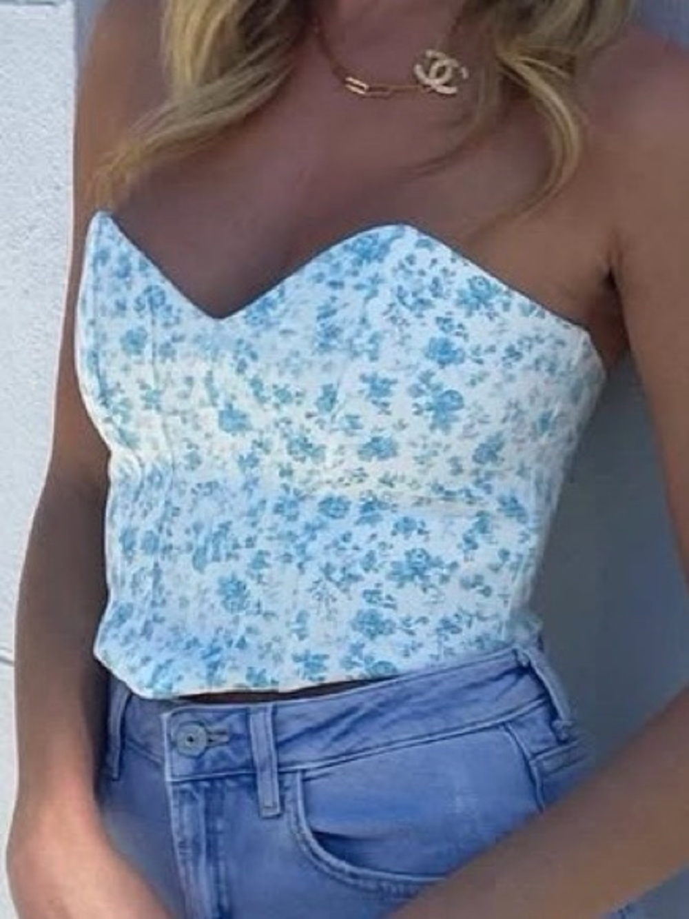 Zara Strapless Floral Corset Top in Light Blue and White